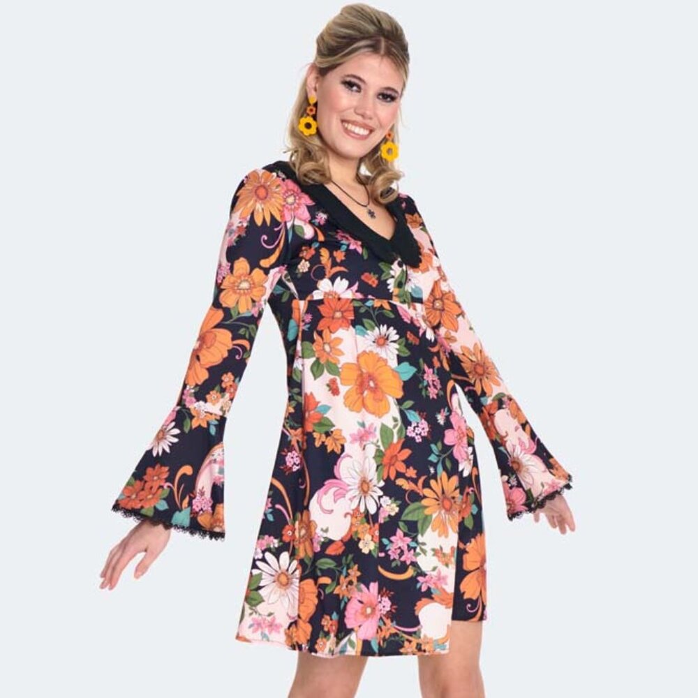 60's Floral Flared Sleeve Babydoll Dress